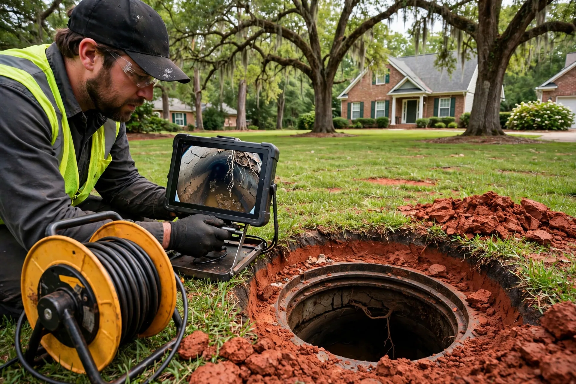 Sewer camera inspection being performed in a residential front yard in Greer, SC