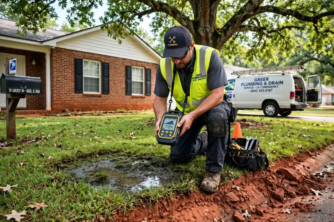 Sewer leak detection beside a damp patch of lawn at a Greer home