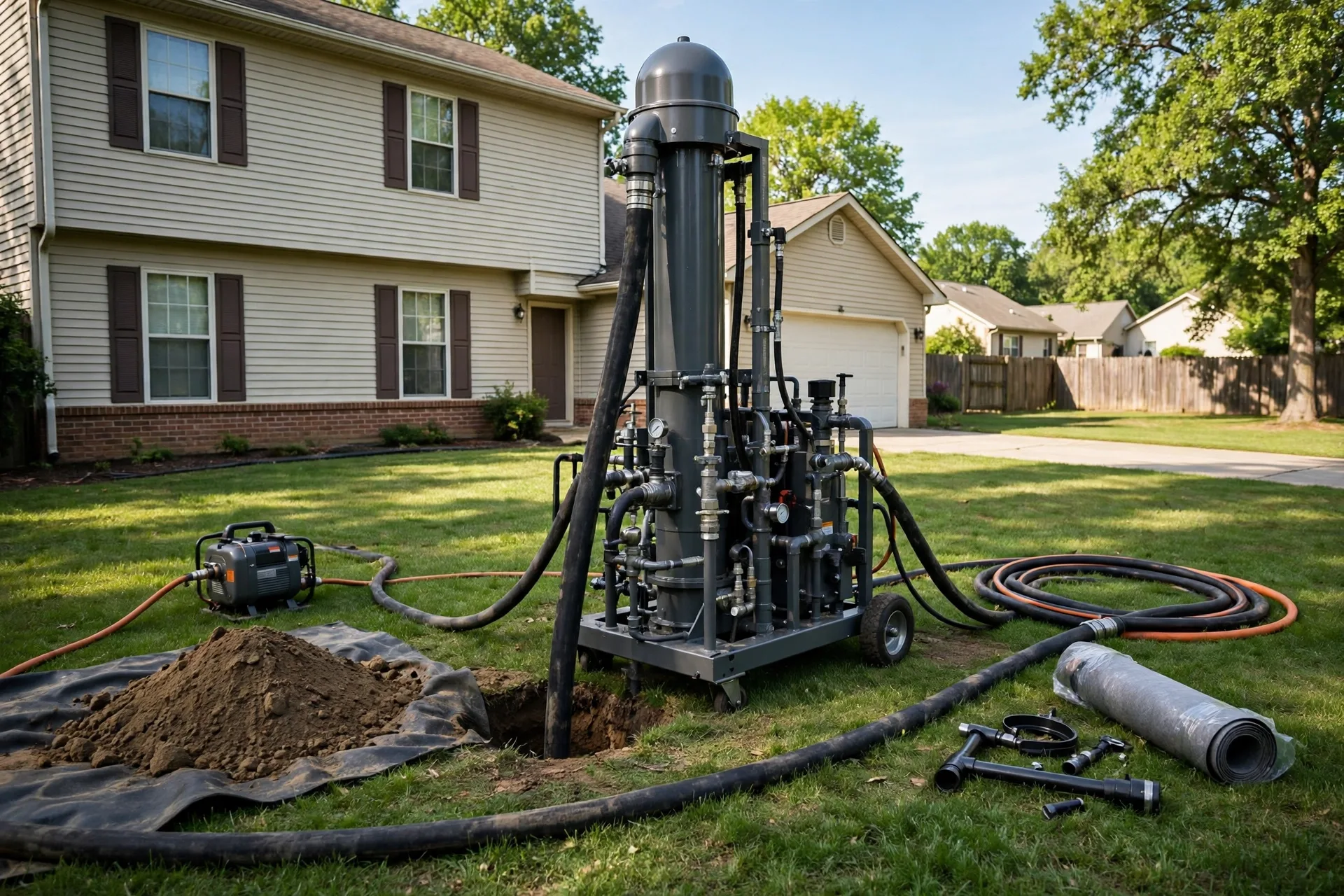 Trenchless pipe lining equipment working from a small access point in a Greer yard